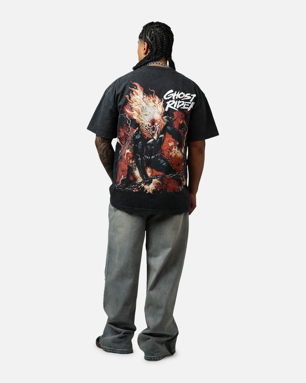 73Studio Marvel Ghost Rider Fire Vintage T-Shirt Black Acidwash