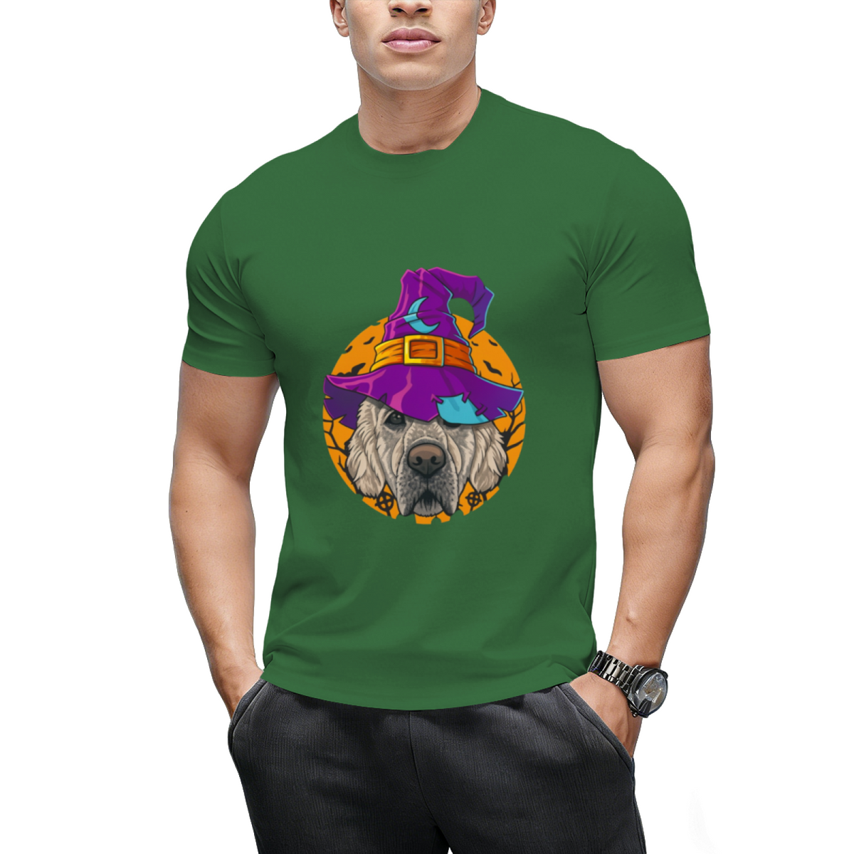 Golden Retriever Witch Funny Halloween Costume Creepy Moon T-Shirt