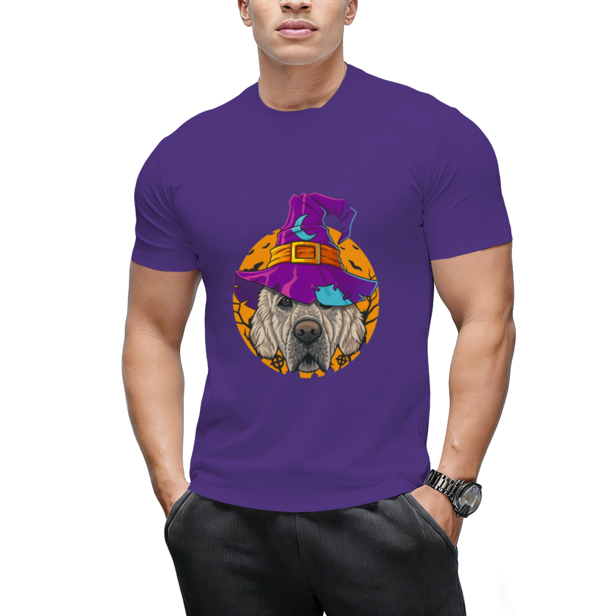 Golden Retriever Witch Funny Halloween Costume Creepy Moon T-Shirt