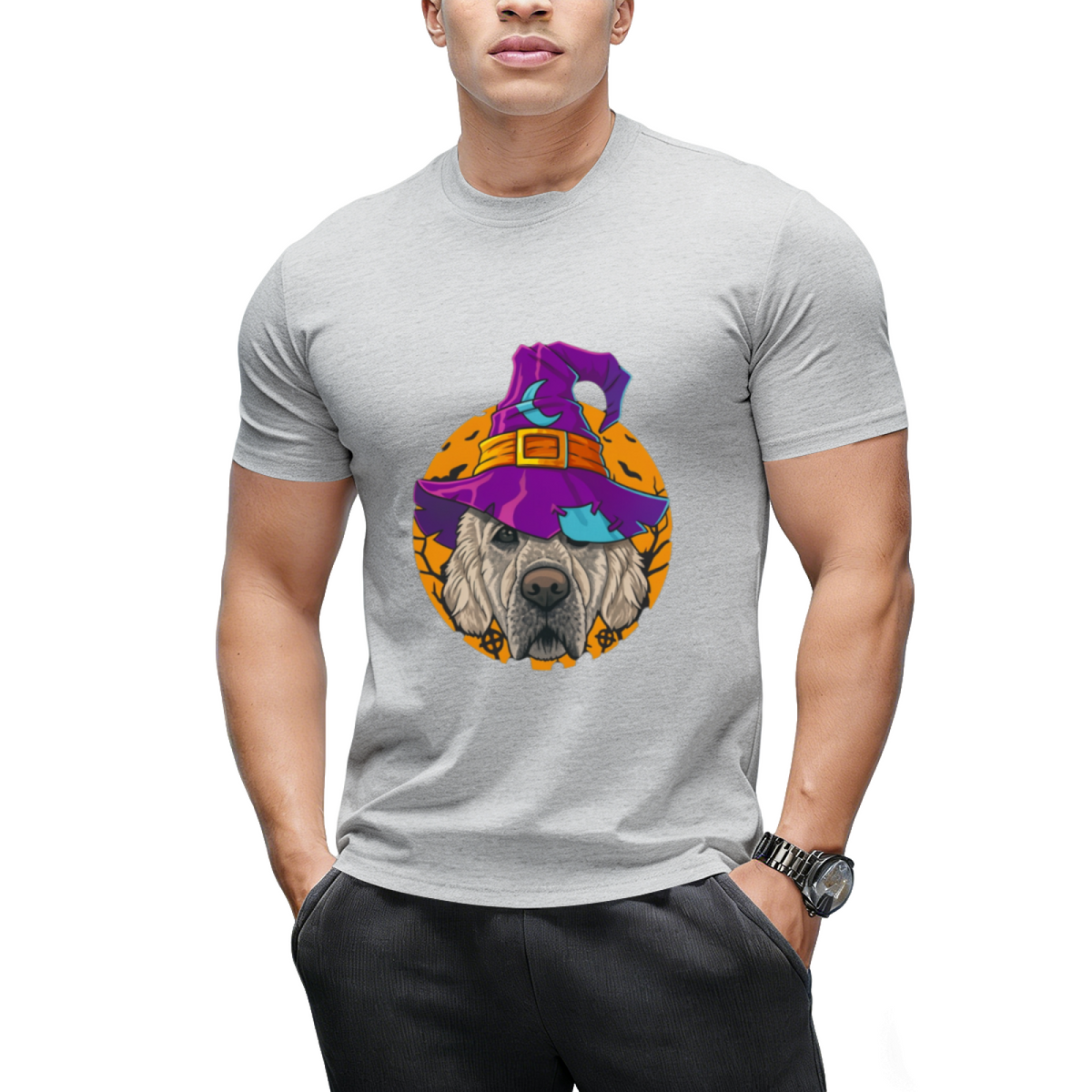 Golden Retriever Witch Funny Halloween Costume Creepy Moon T-Shirt