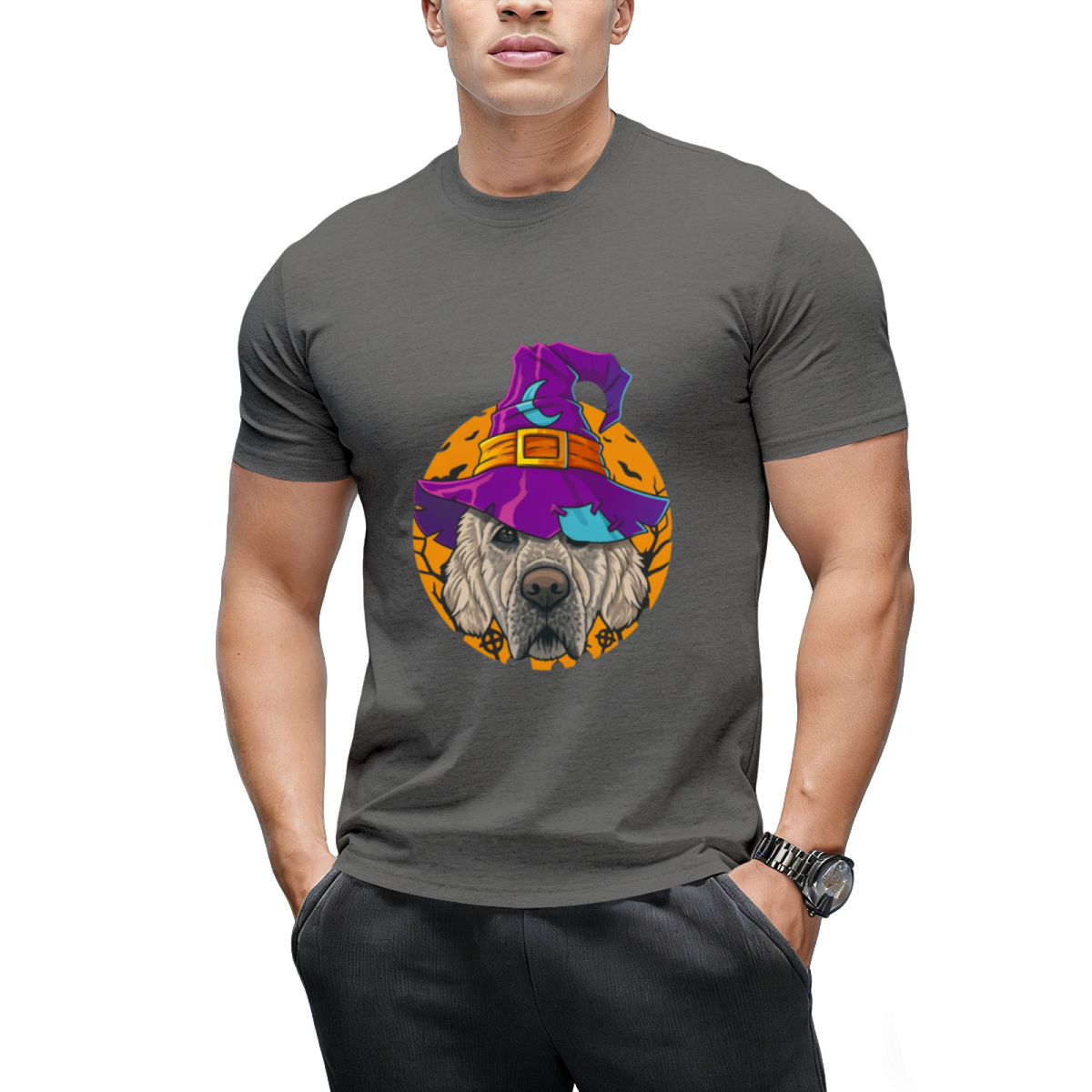 Golden Retriever Witch Funny Halloween Costume Creepy Moon T-Shirt
