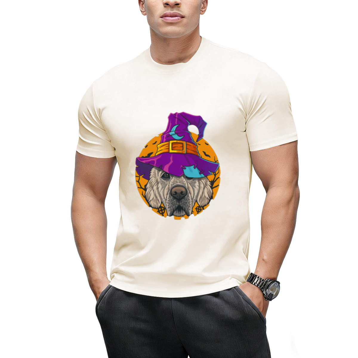 Golden Retriever Witch Funny Halloween Costume Creepy Moon T-Shirt