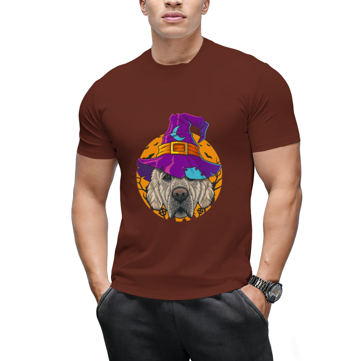 Golden Retriever Witch Funny Halloween Costume Creepy Moon T-Shirt