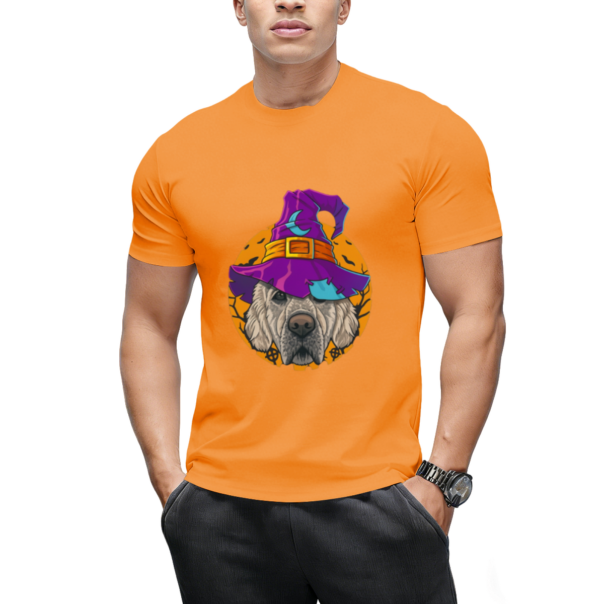 Golden Retriever Witch Funny Halloween Costume Creepy Moon T-Shirt