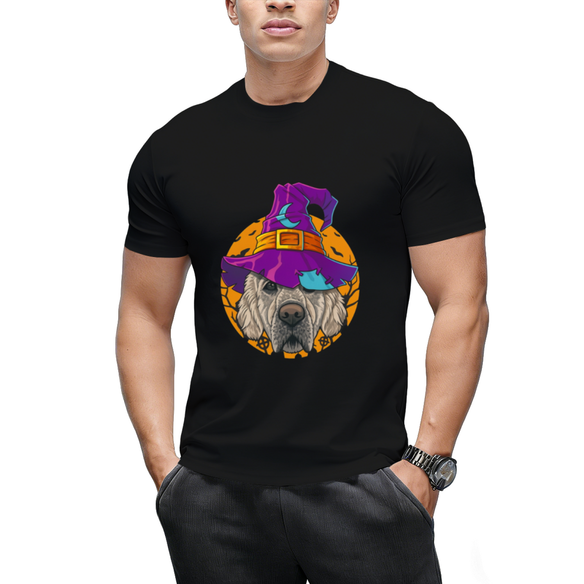 Golden Retriever Witch Funny Halloween Costume Creepy Moon T-Shirt