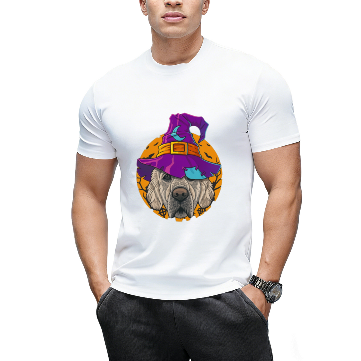 Golden Retriever Witch Funny Halloween Costume Creepy Moon T-Shirt