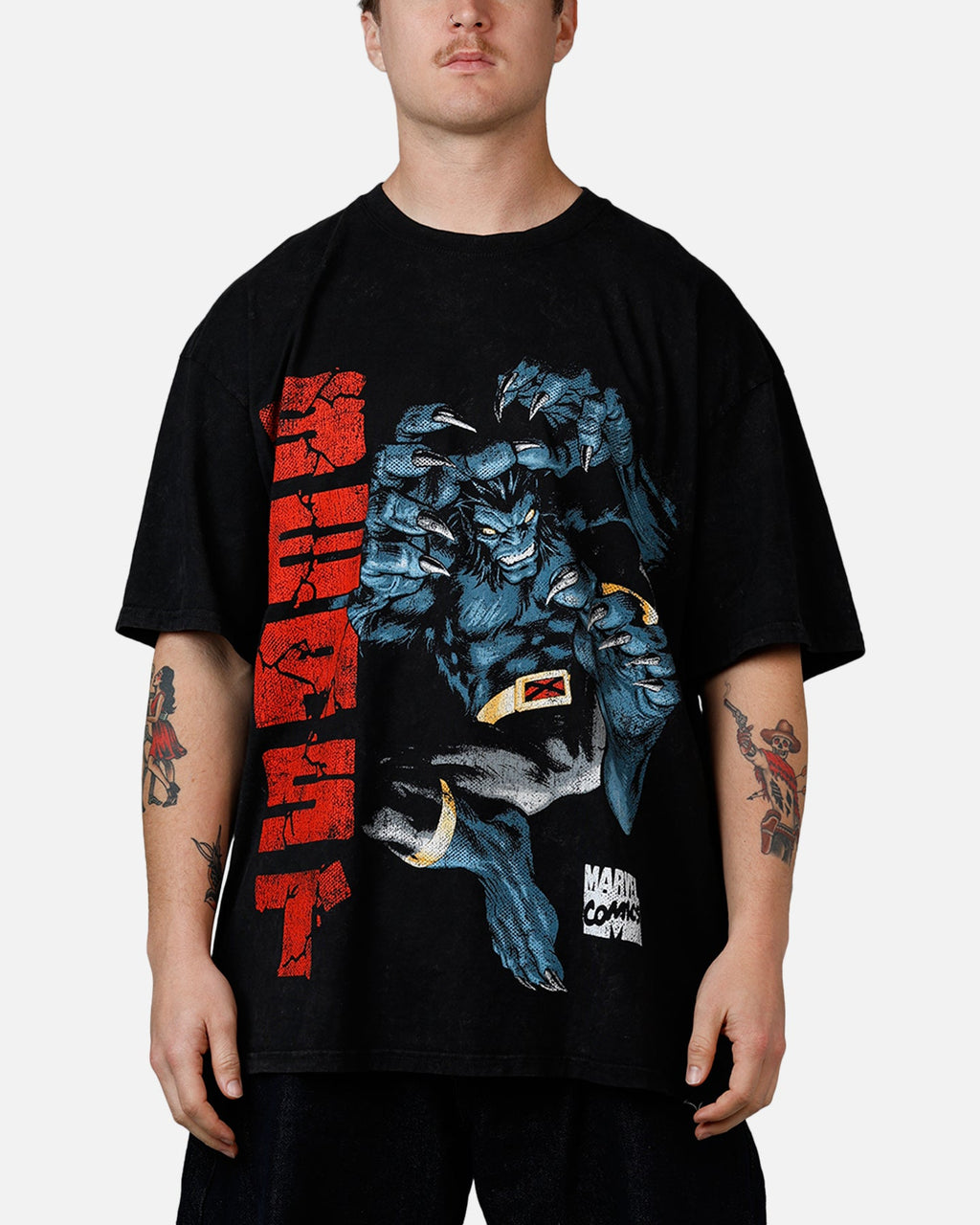73Studio Marvel X-Men Beast Vintage T-Shirt Black Acidwash