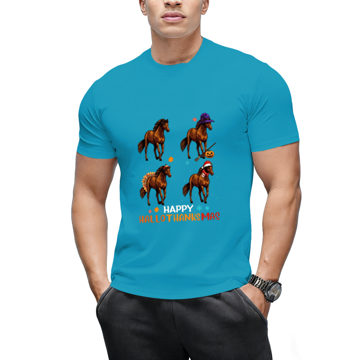 Horse Halloween Thanksgiving Merry Christmas Happy Hallothanksmas T-Shirt