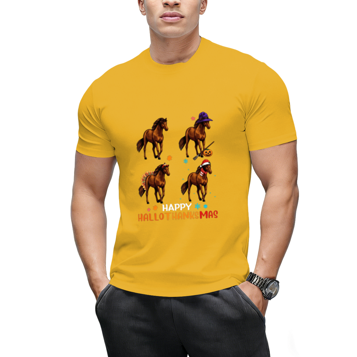 Horse Halloween Thanksgiving Merry Christmas Happy Hallothanksmas T-Shirt