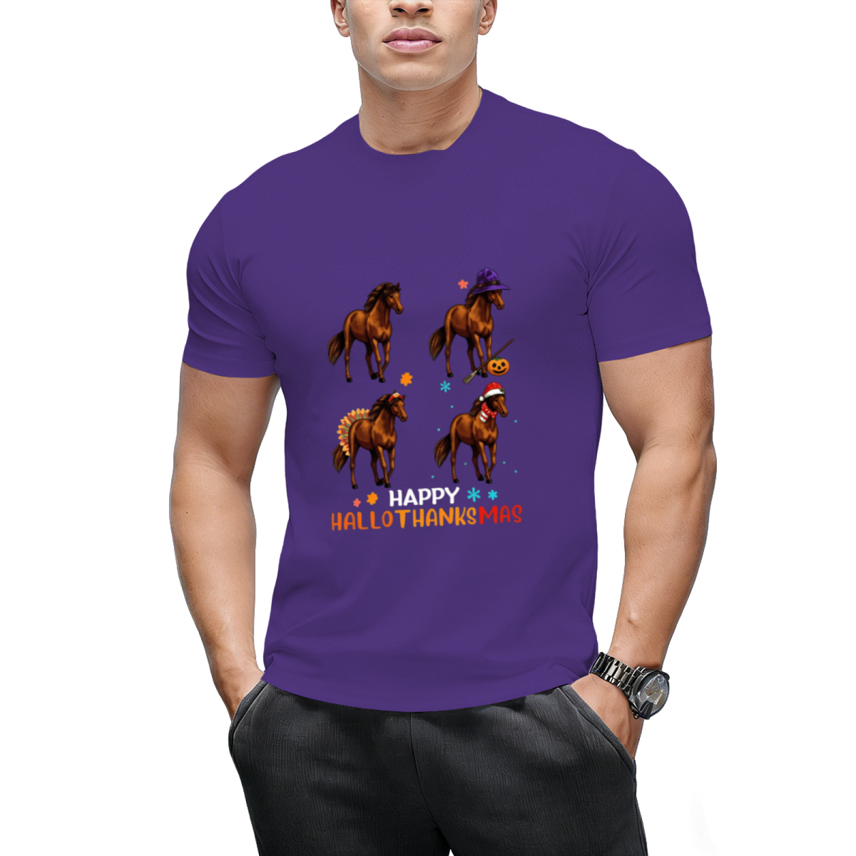 Horse Halloween Thanksgiving Merry Christmas Happy Hallothanksmas T-Shirt