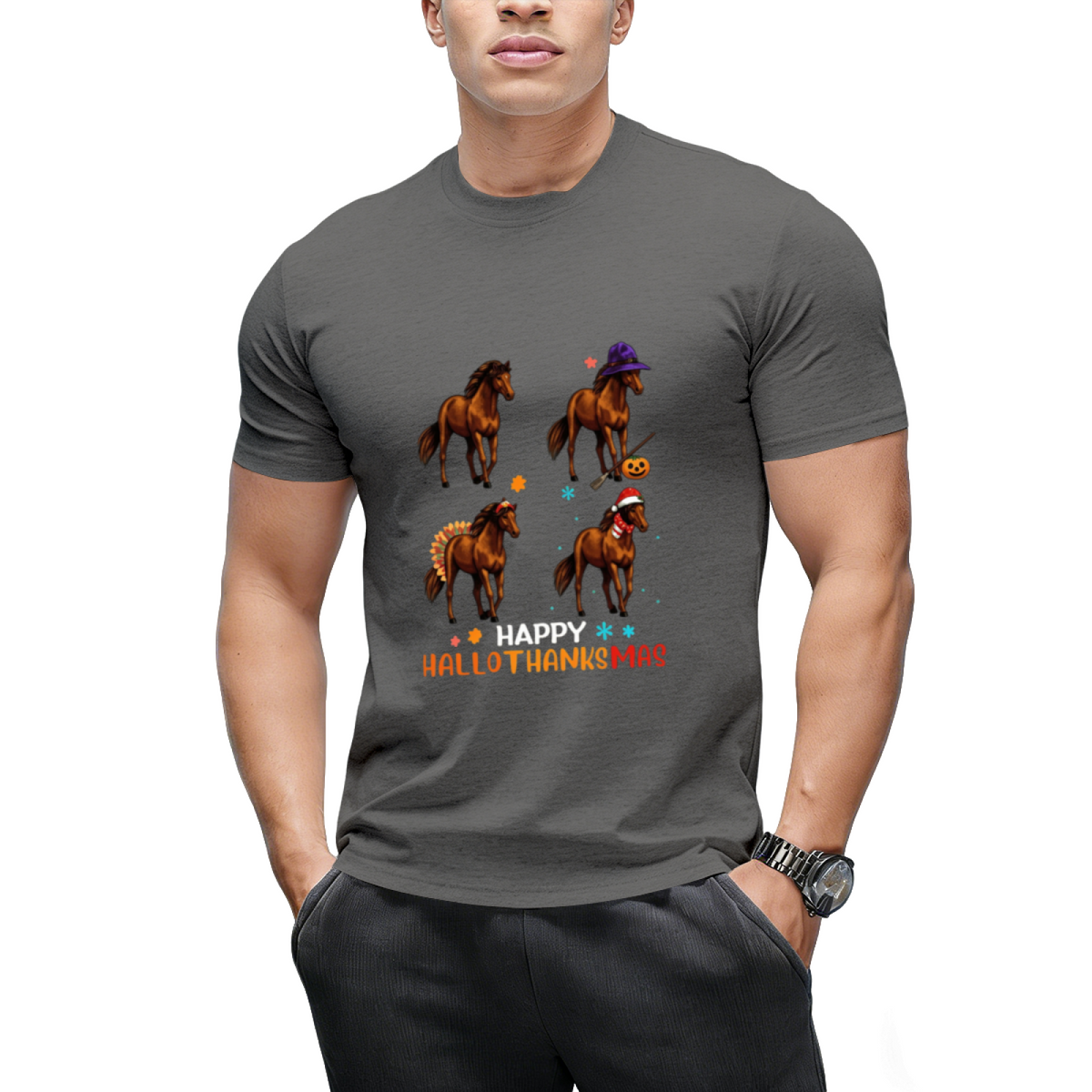 Horse Halloween Thanksgiving Merry Christmas Happy Hallothanksmas T-Shirt