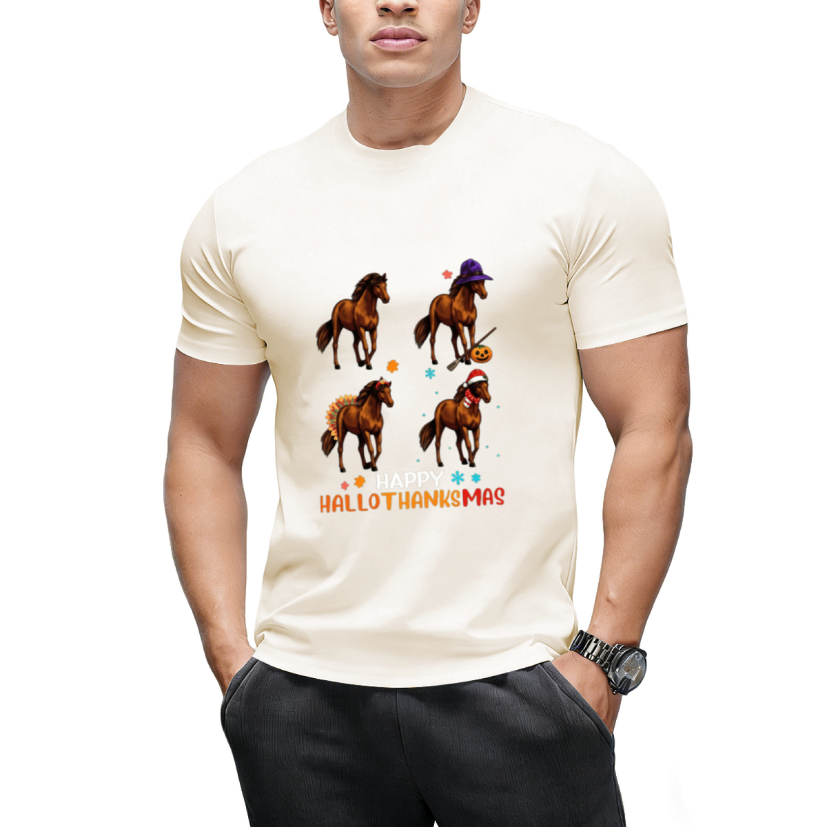Horse Halloween Thanksgiving Merry Christmas Happy Hallothanksmas T-Shirt