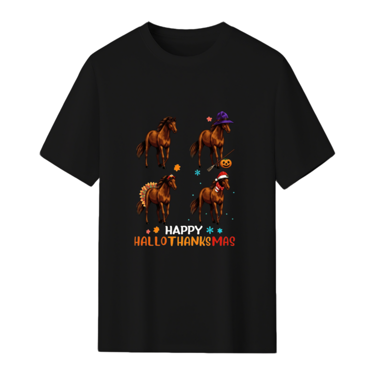 Horse Halloween Thanksgiving Merry Christmas Happy Hallothanksmas T-Shirt