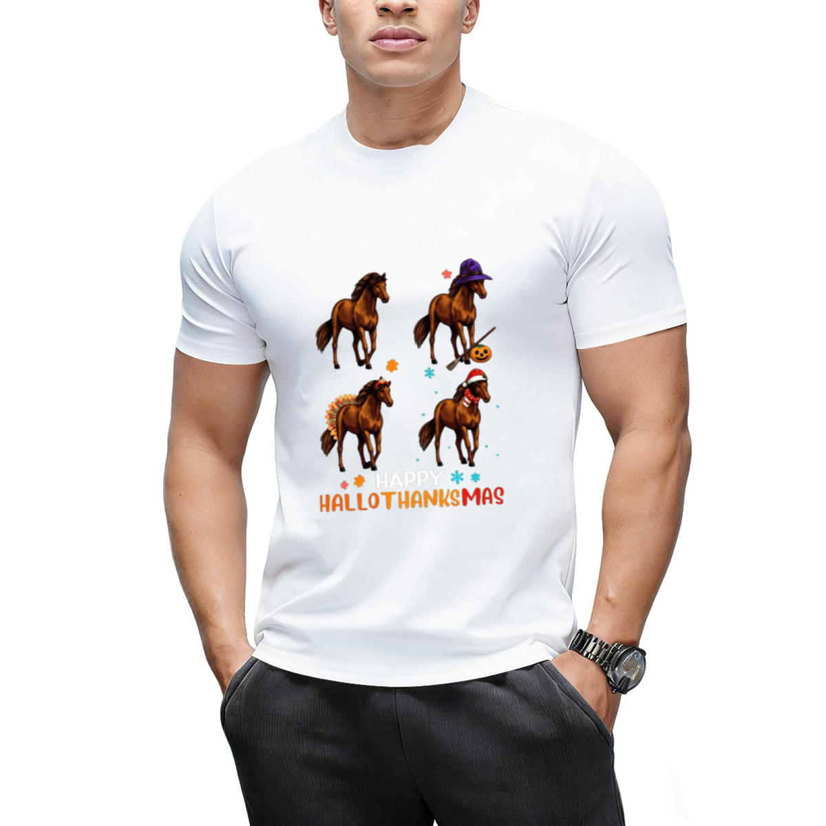 Horse Halloween Thanksgiving Merry Christmas Happy Hallothanksmas T-Shirt