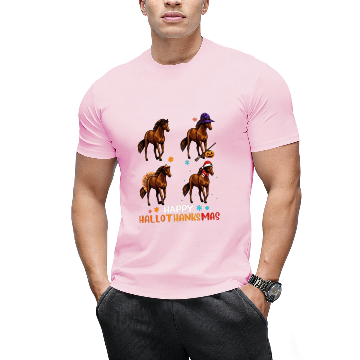Horse Halloween Thanksgiving Merry Christmas Happy Hallothanksmas T-Shirt