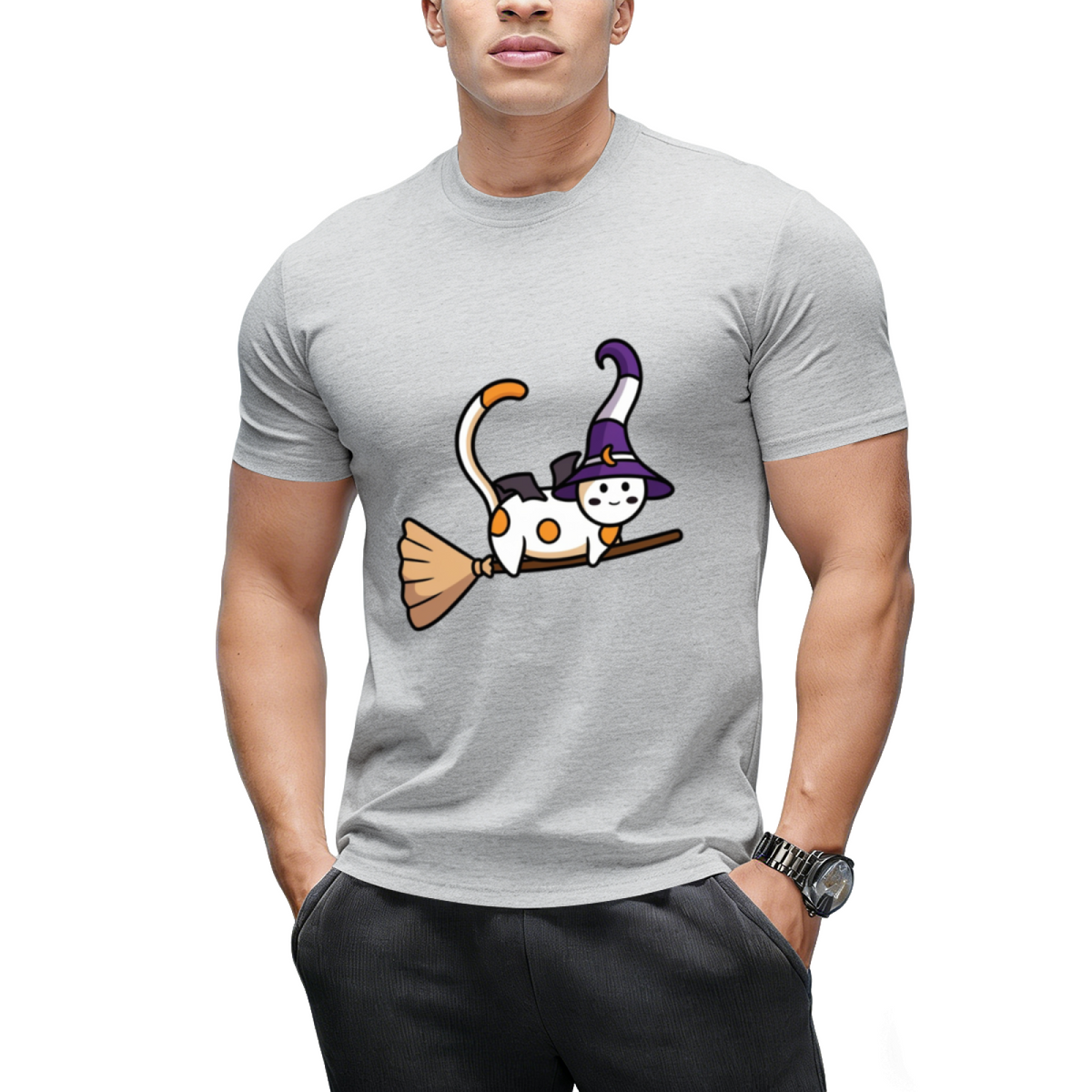 Cute witch cat flying on a broom Sticker T-Shirt
