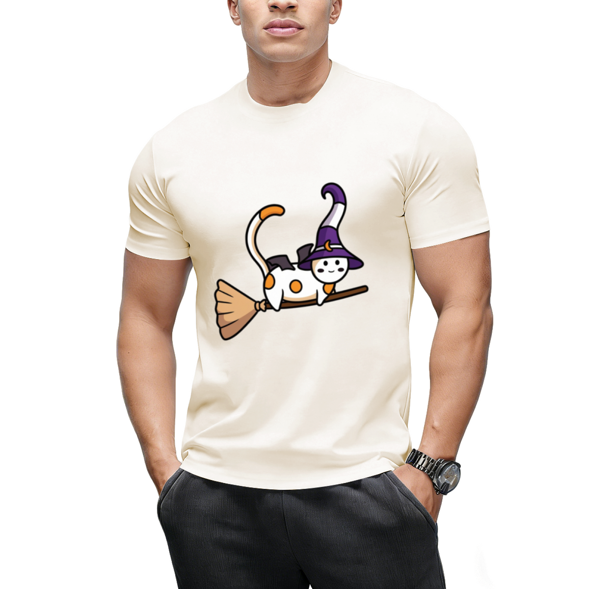 Cute witch cat flying on a broom Sticker T-Shirt
