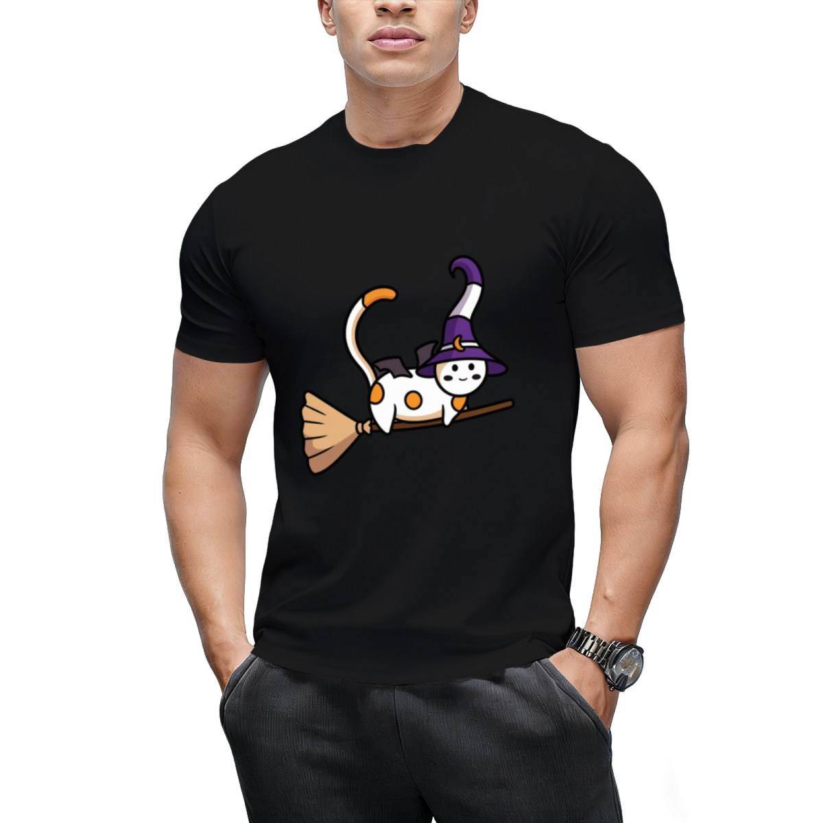 Cute witch cat flying on a broom Sticker T-Shirt