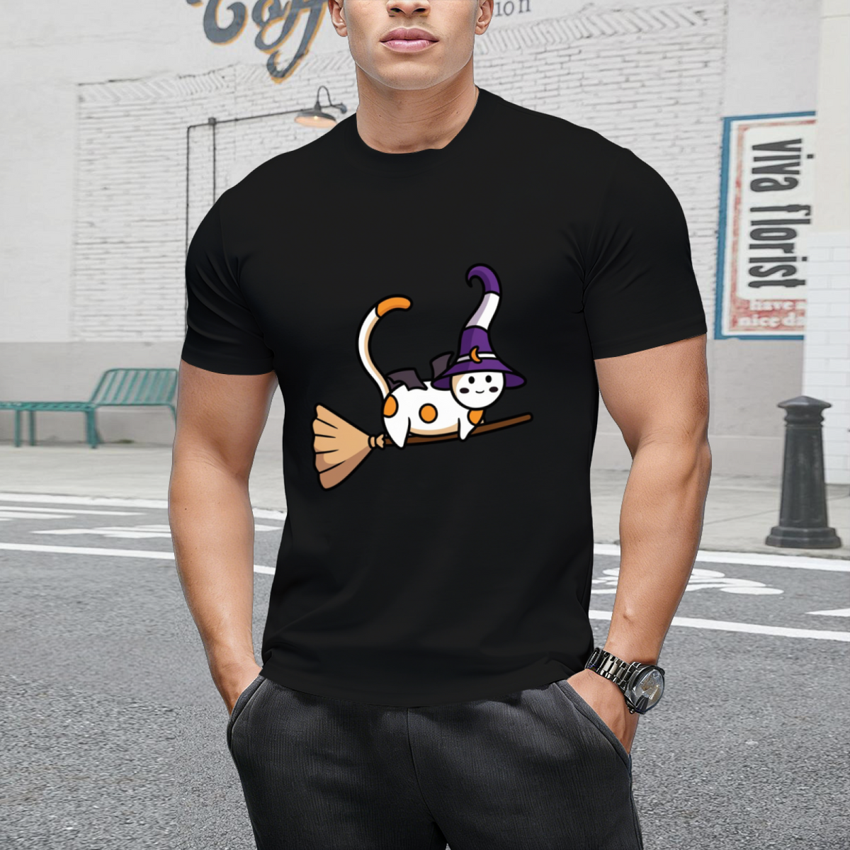 Cute witch cat flying on a broom Sticker T-Shirt