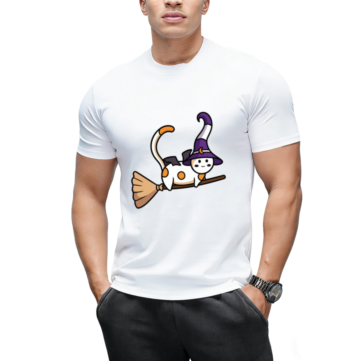 Cute witch cat flying on a broom Sticker T-Shirt