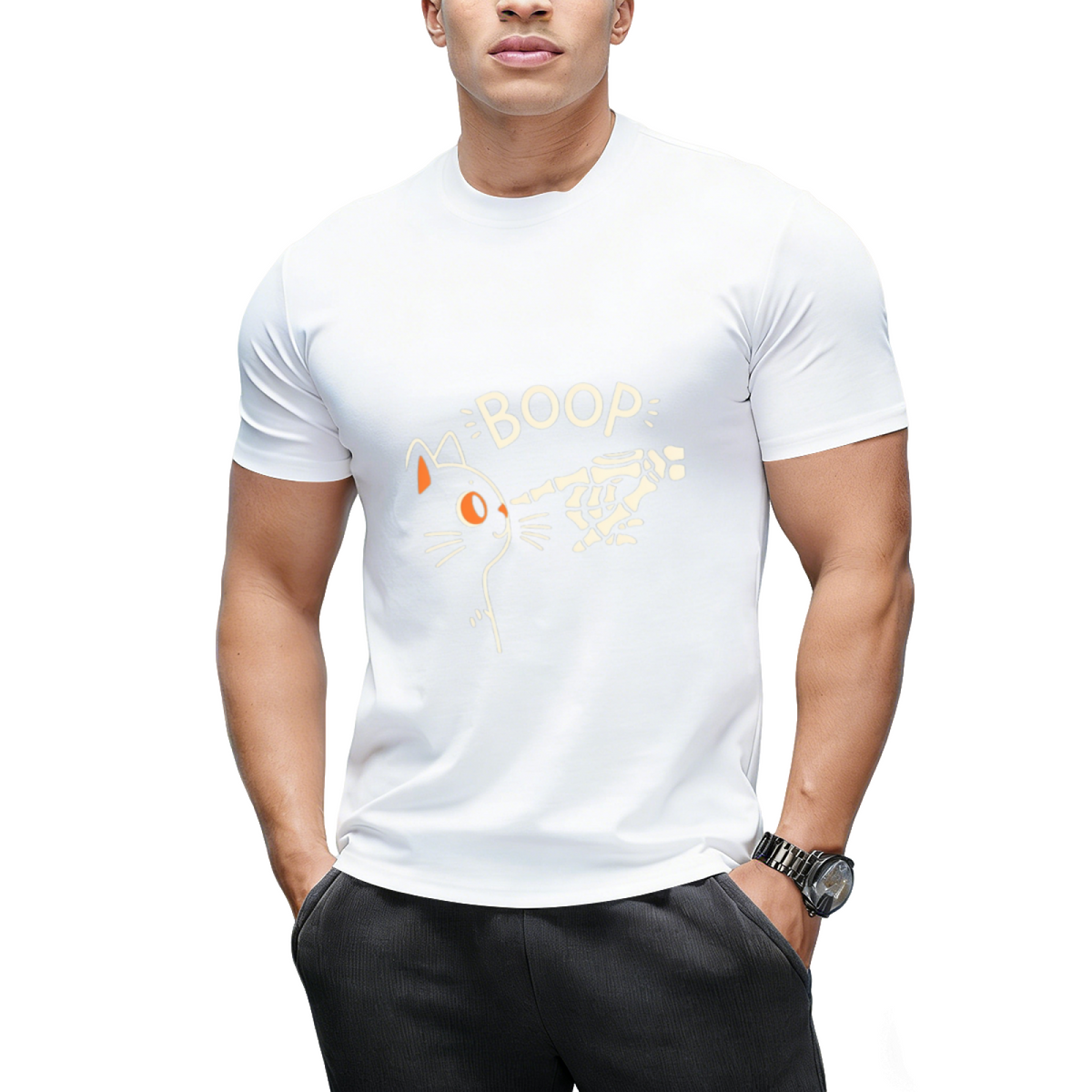 Black Cat Skeleton Hand Boop Halloween T-Shirt