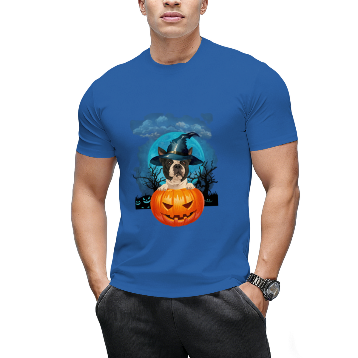Boston Terrier Witch Hat Pumpkin And Blue Moon Halloween T-Shirt