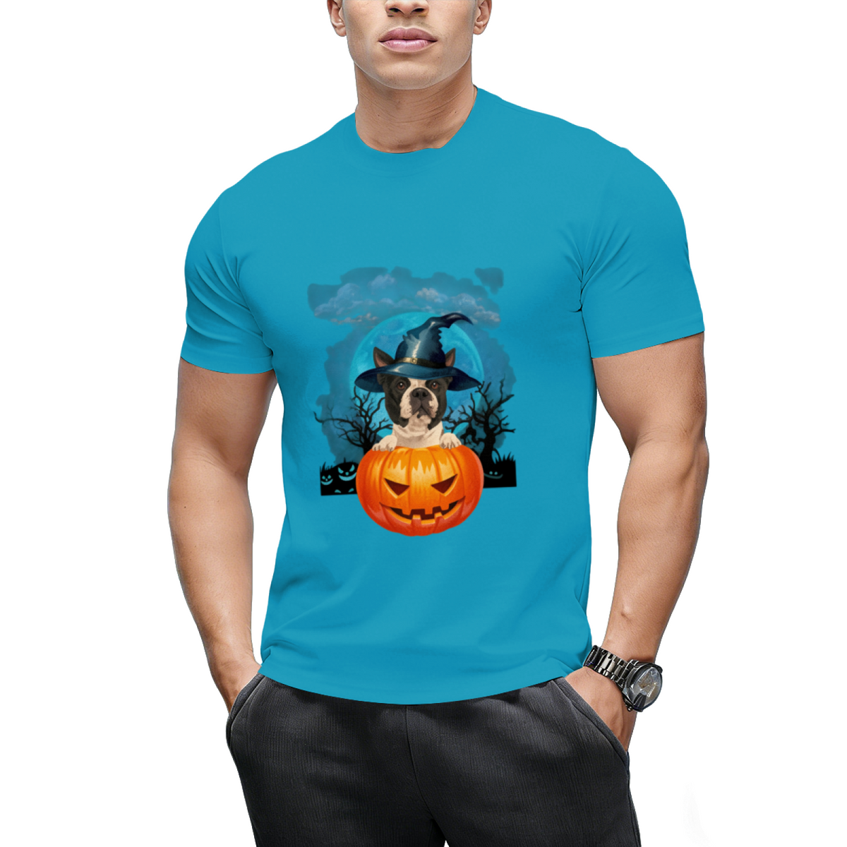 Boston Terrier Witch Hat Pumpkin And Blue Moon Halloween T-Shirt