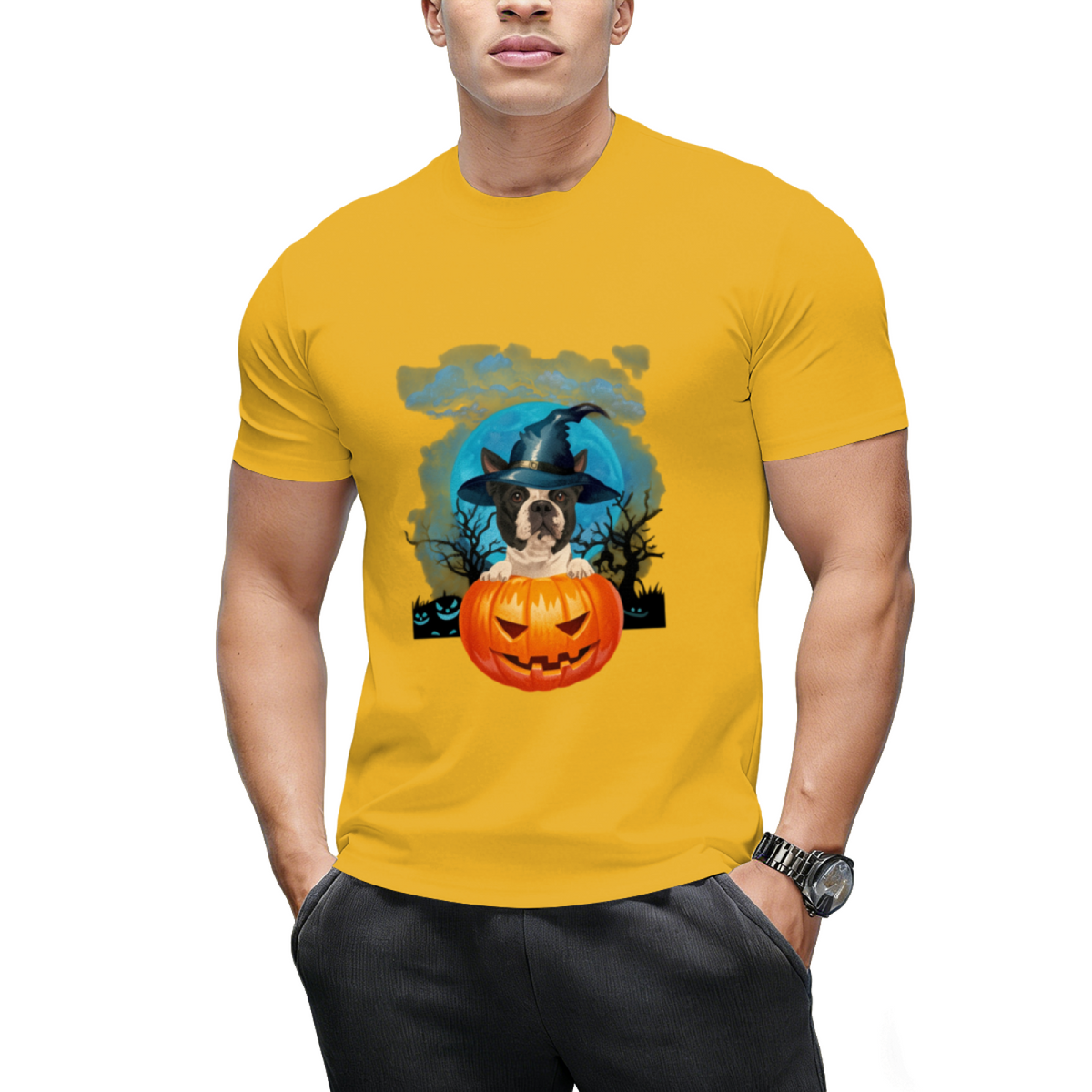 Boston Terrier Witch Hat Pumpkin And Blue Moon Halloween T-Shirt