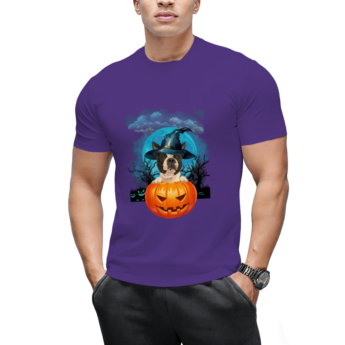 Boston Terrier Witch Hat Pumpkin And Blue Moon Halloween T-Shirt