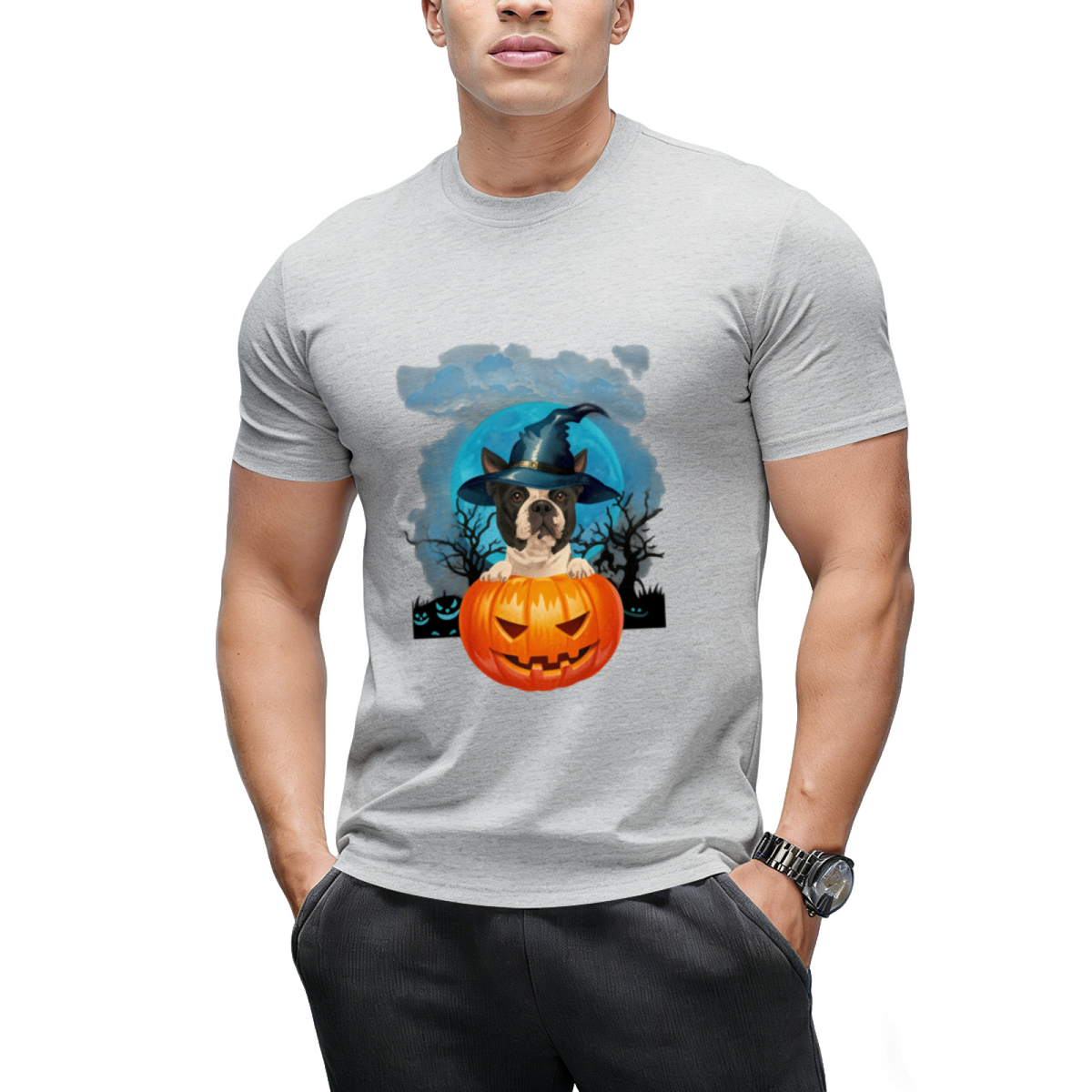 Boston Terrier Witch Hat Pumpkin And Blue Moon Halloween T-Shirt