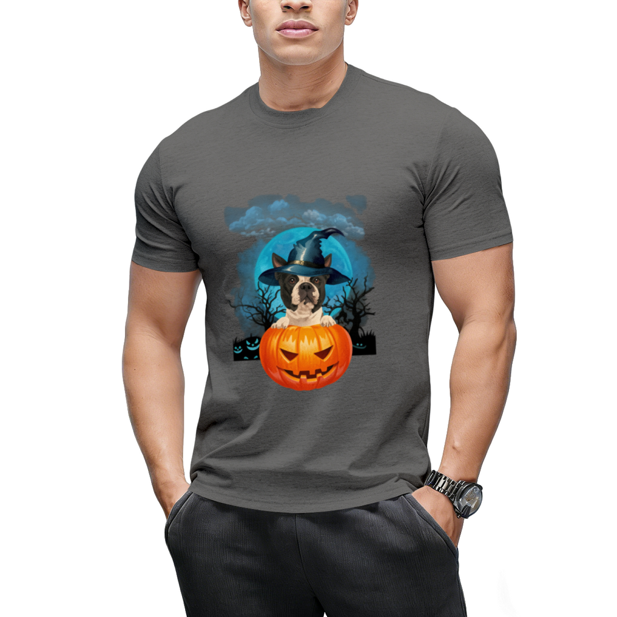 Boston Terrier Witch Hat Pumpkin And Blue Moon Halloween T-Shirt