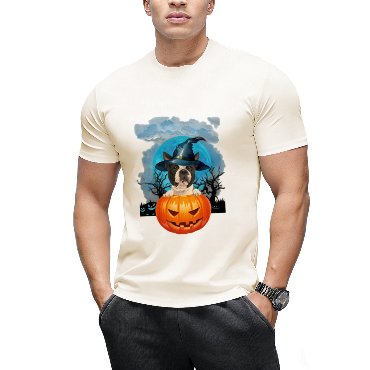 Boston Terrier Witch Hat Pumpkin And Blue Moon Halloween T-Shirt