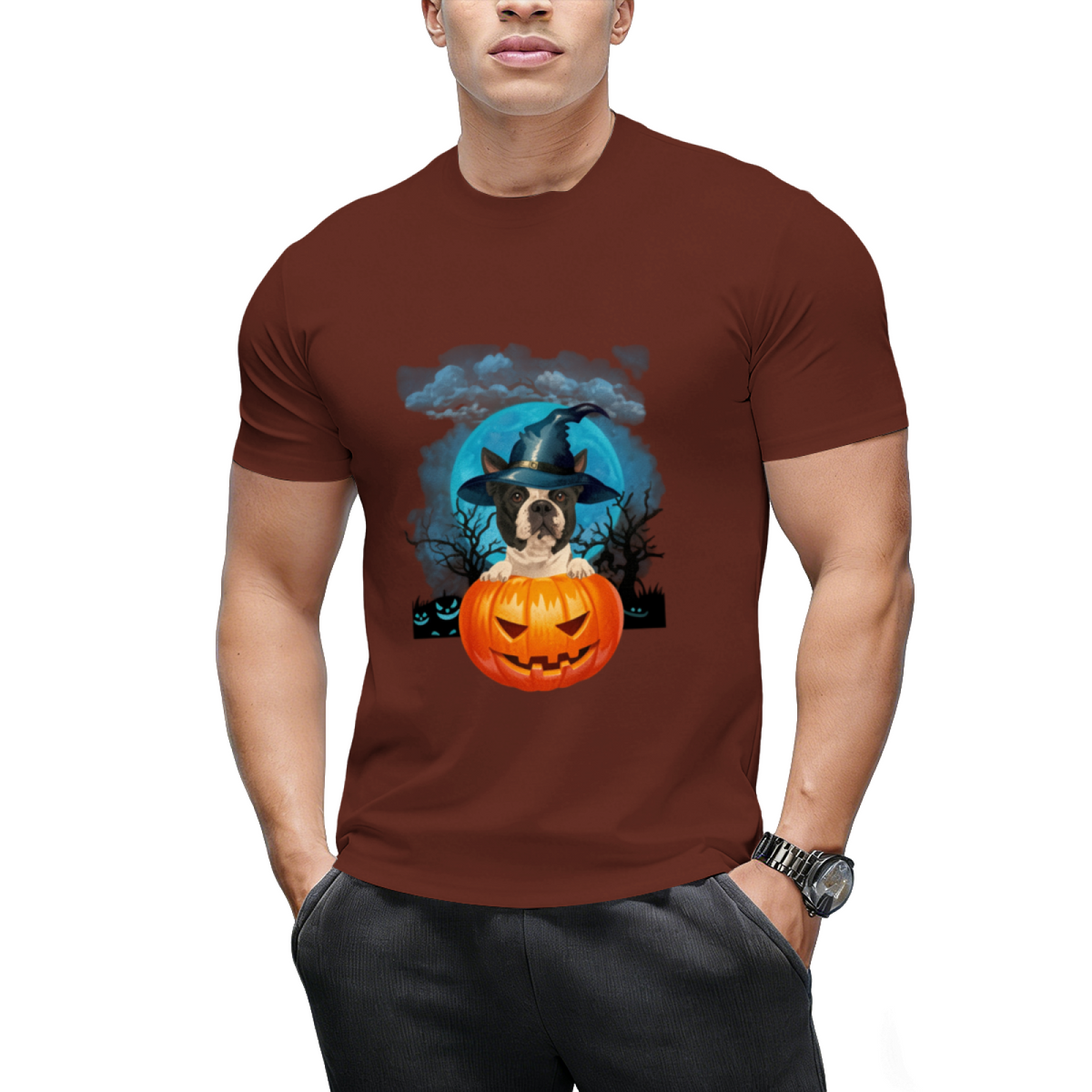 Boston Terrier Witch Hat Pumpkin And Blue Moon Halloween T-Shirt