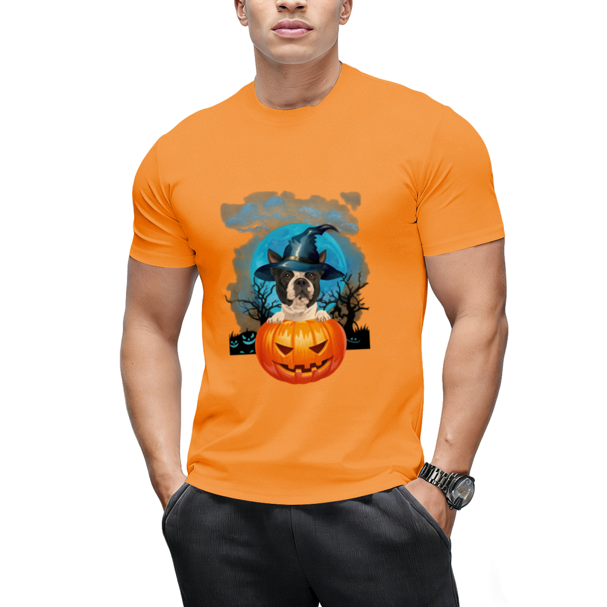 Boston Terrier Witch Hat Pumpkin And Blue Moon Halloween T-Shirt