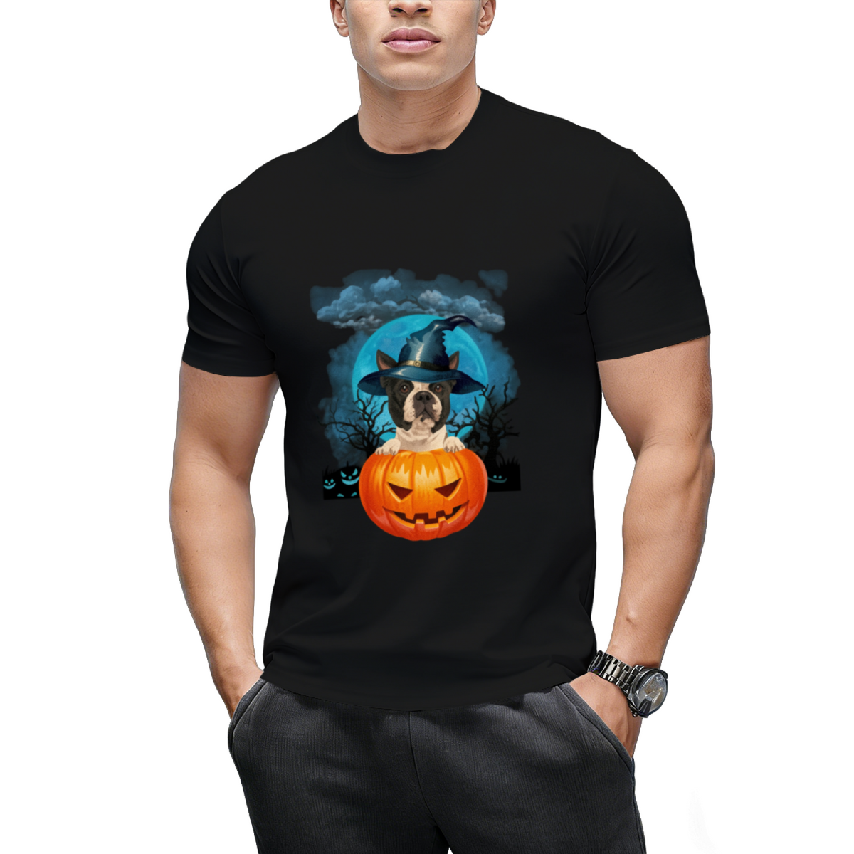 Boston Terrier Witch Hat Pumpkin And Blue Moon Halloween T-Shirt