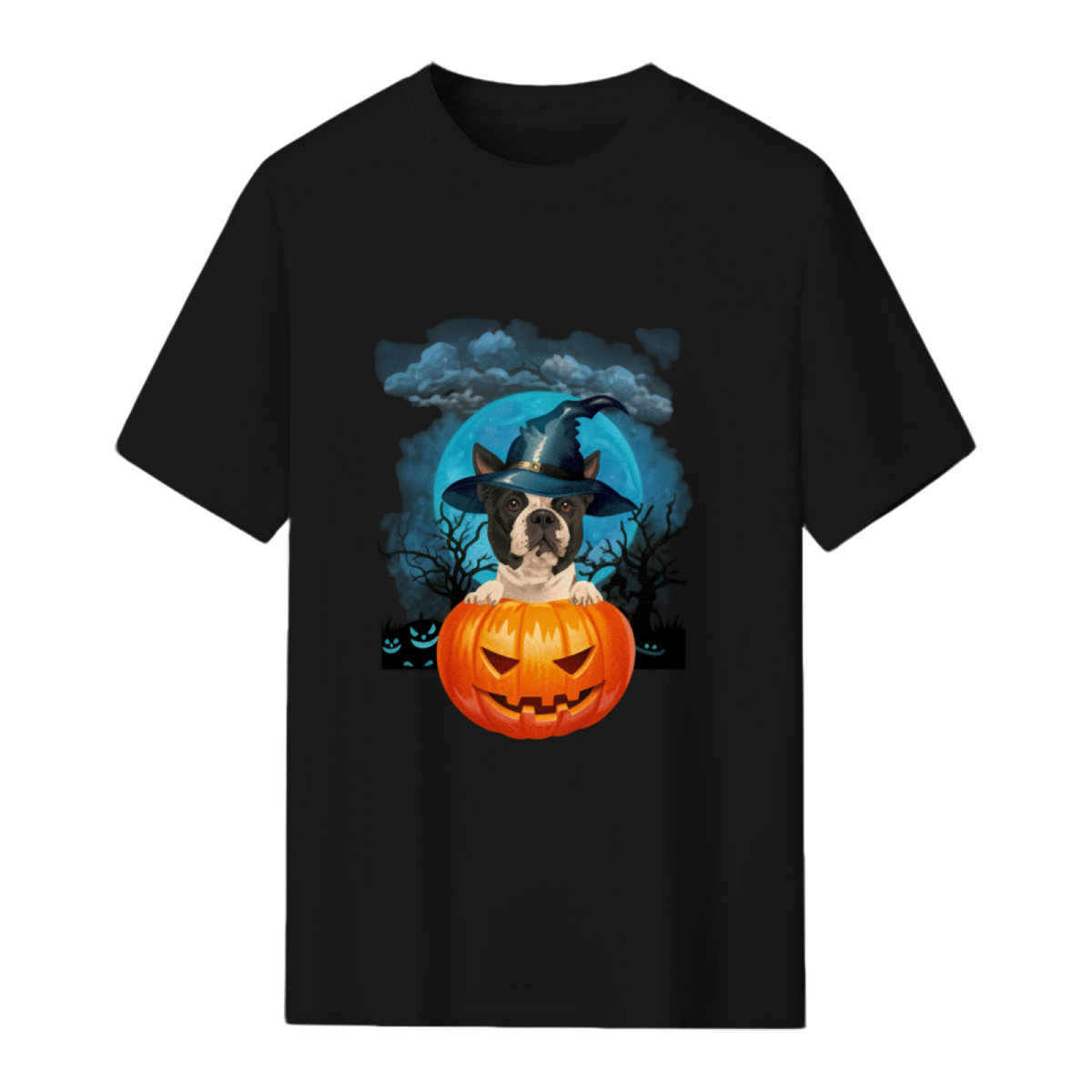Boston Terrier Witch Hat Pumpkin And Blue Moon Halloween T-Shirt