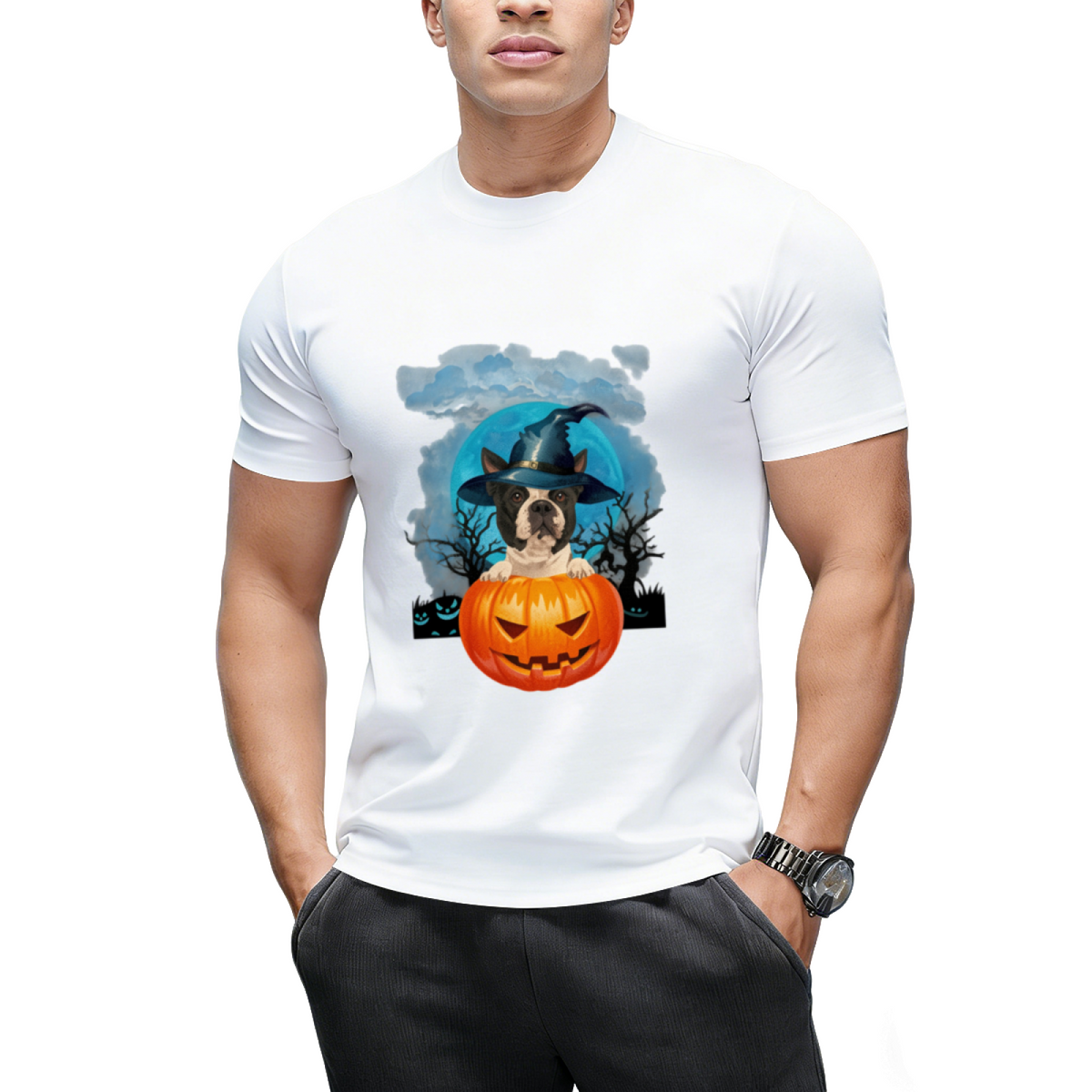 Boston Terrier Witch Hat Pumpkin And Blue Moon Halloween T-Shirt