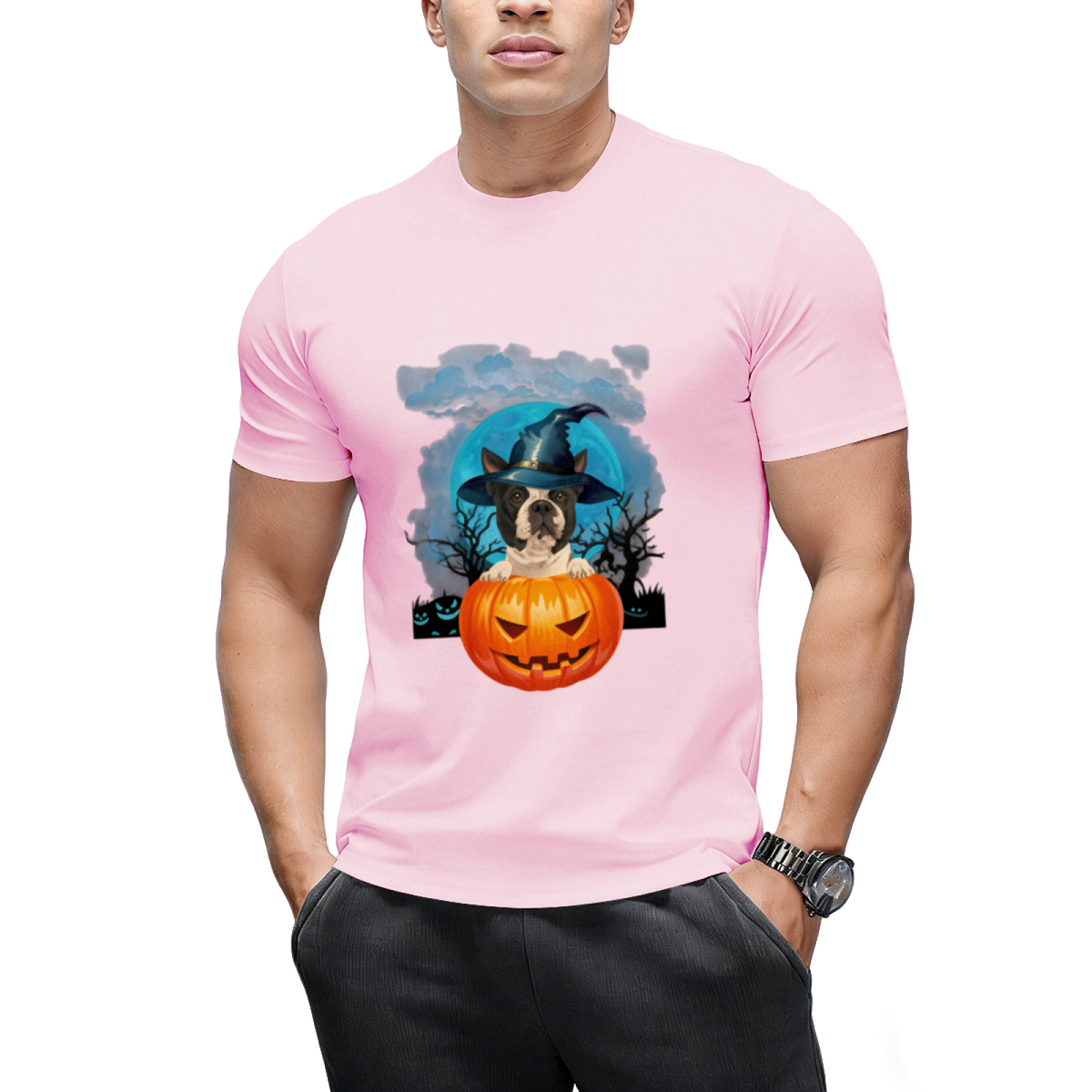 Boston Terrier Witch Hat Pumpkin And Blue Moon Halloween T-Shirt