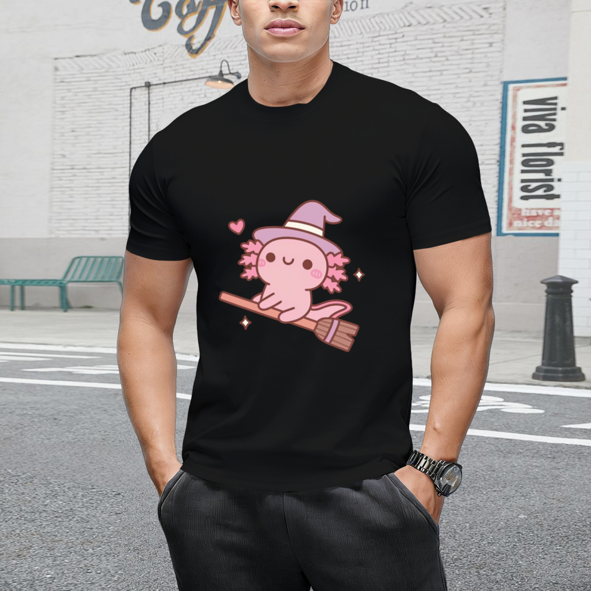 Cute Axolotl Witch Flying On A Broom T-Shirt