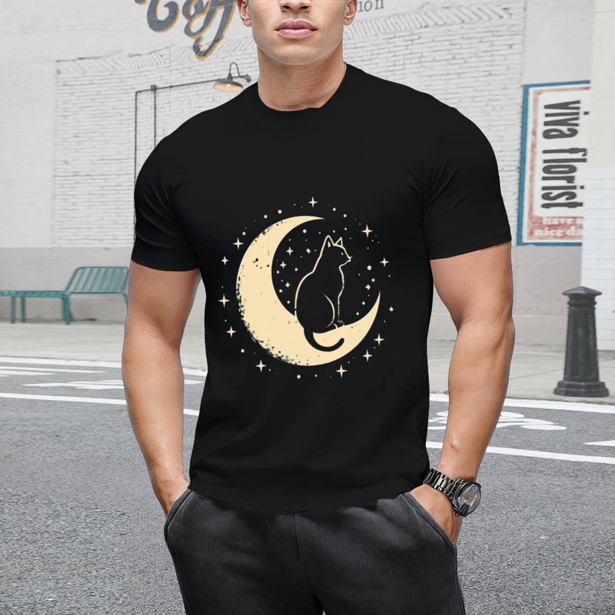 Cat With Moon Vintage T-Shirt