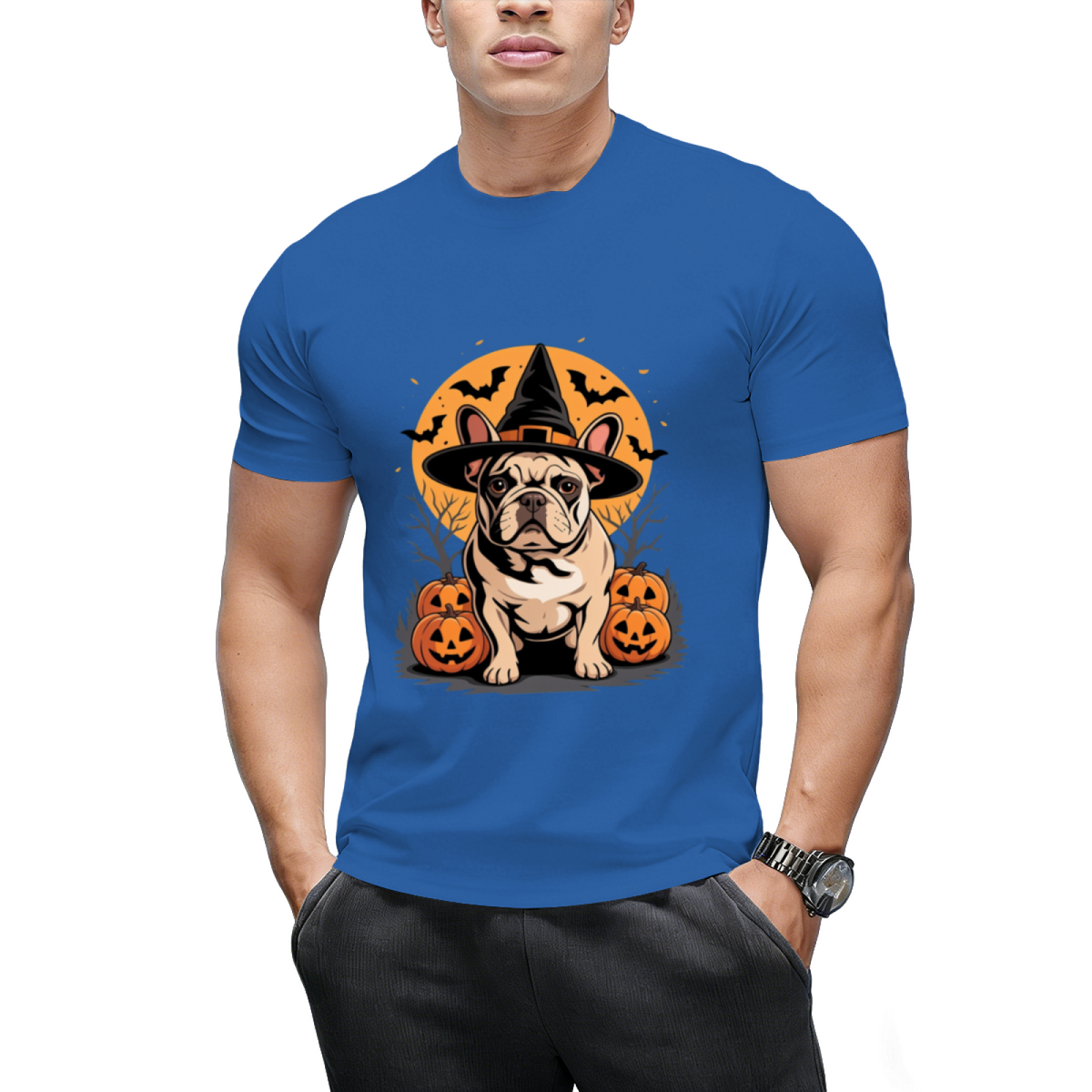 French Bulldog Frenchie Dog Whitch Hat Halloween Pumpkin T-Shirt