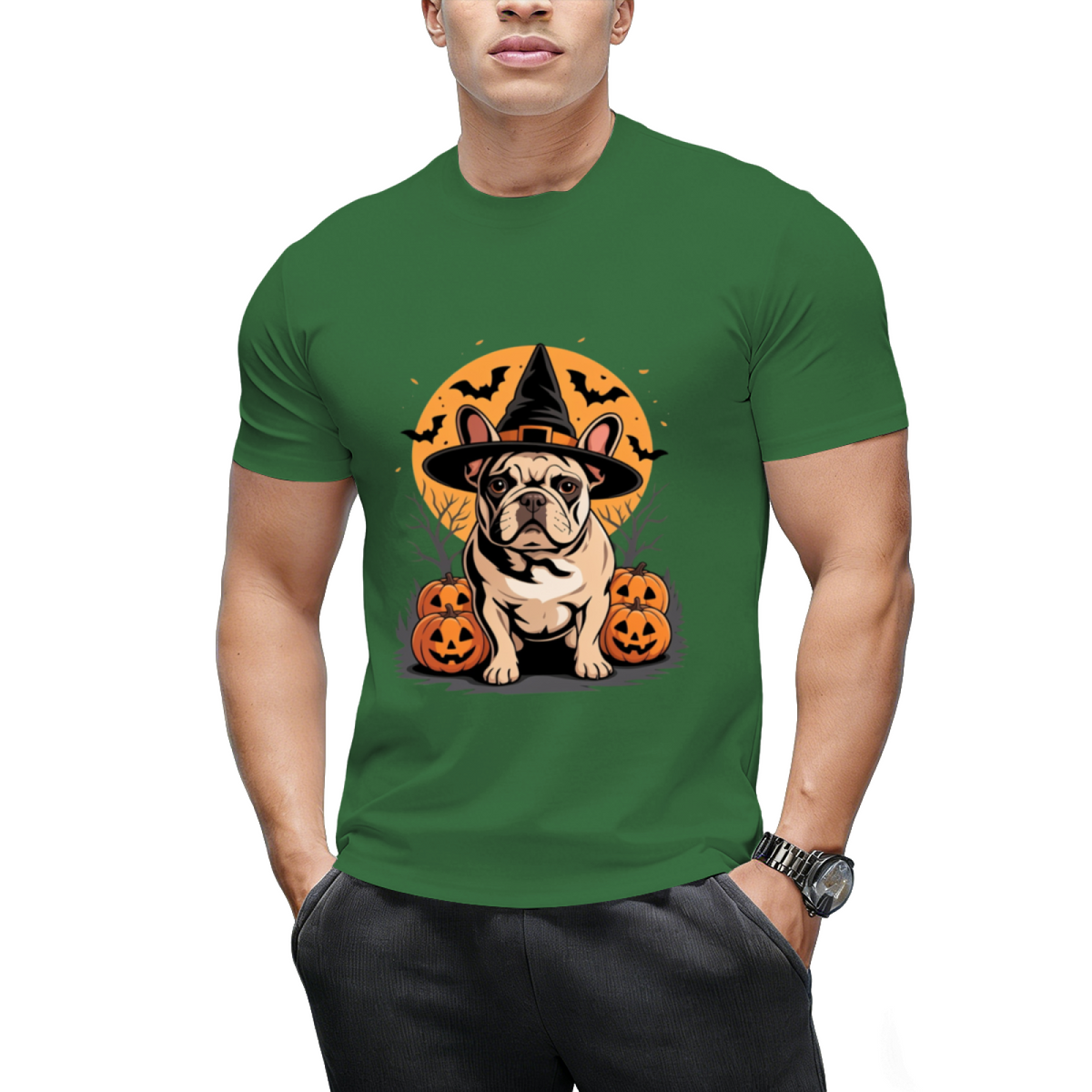 French Bulldog Frenchie Dog Whitch Hat Halloween Pumpkin T-Shirt