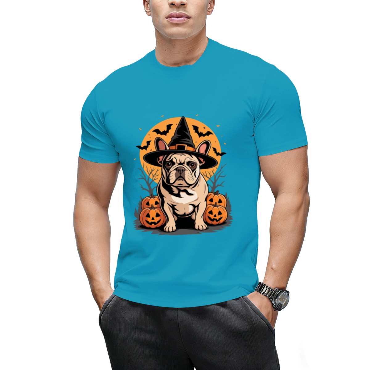 French Bulldog Frenchie Dog Whitch Hat Halloween Pumpkin T-Shirt