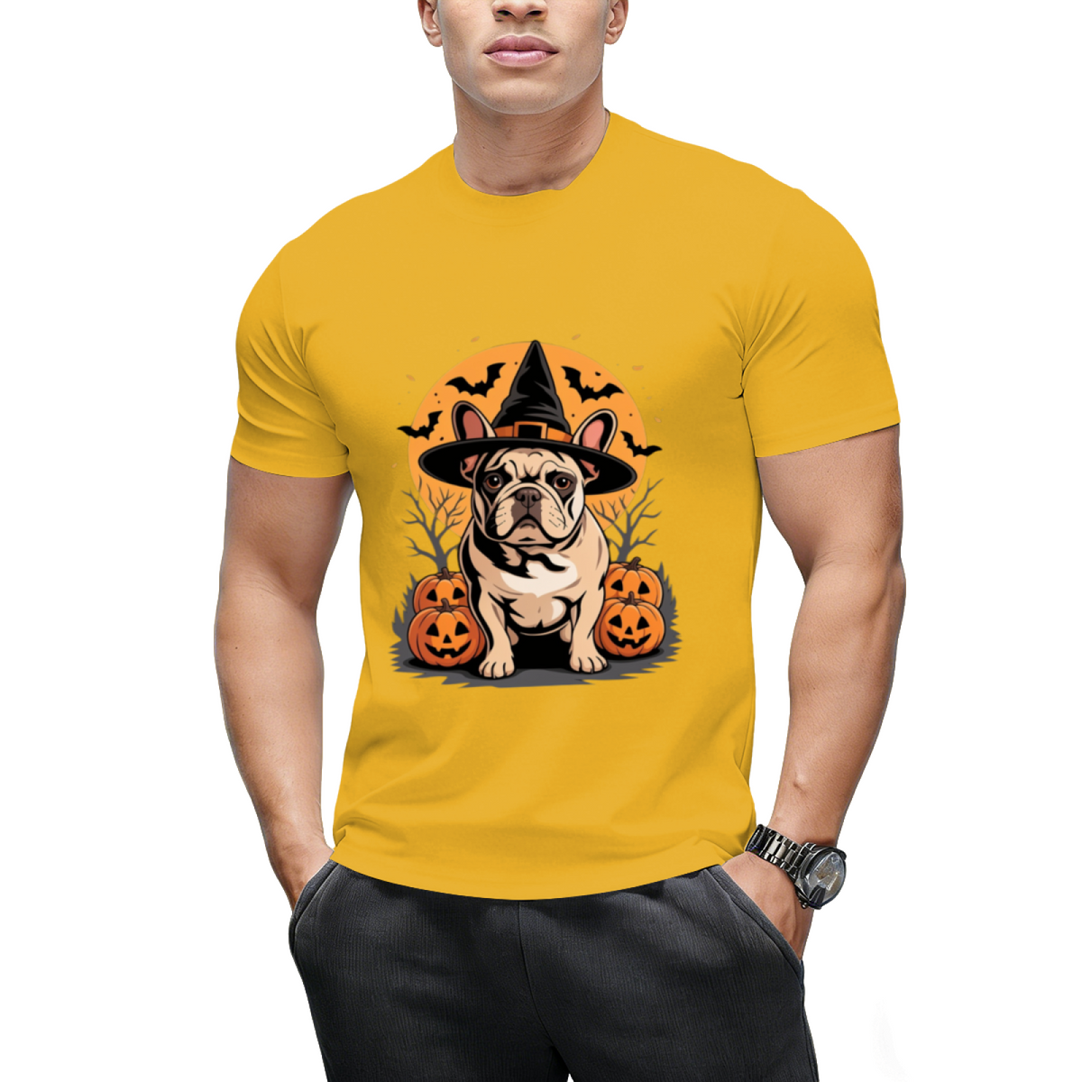 French Bulldog Frenchie Dog Whitch Hat Halloween Pumpkin T-Shirt