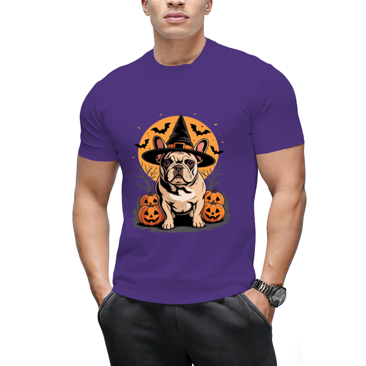 French Bulldog Frenchie Dog Whitch Hat Halloween Pumpkin T-Shirt