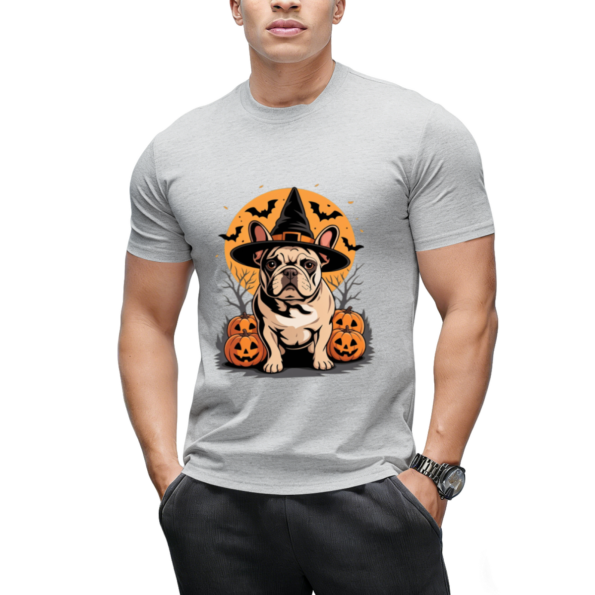 French Bulldog Frenchie Dog Whitch Hat Halloween Pumpkin T-Shirt