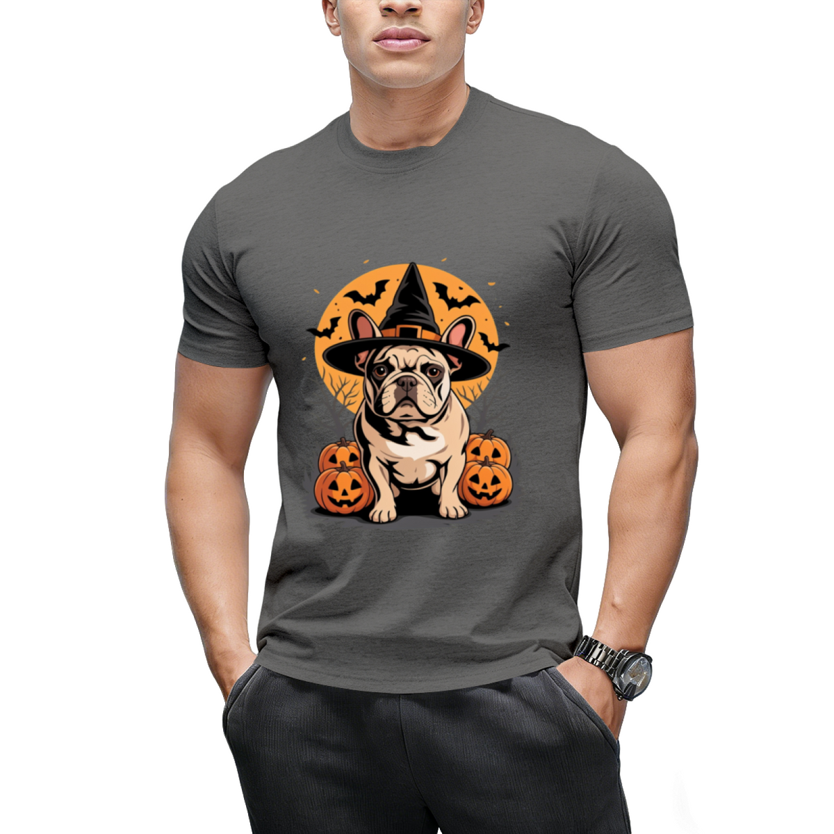 French Bulldog Frenchie Dog Whitch Hat Halloween Pumpkin T-Shirt