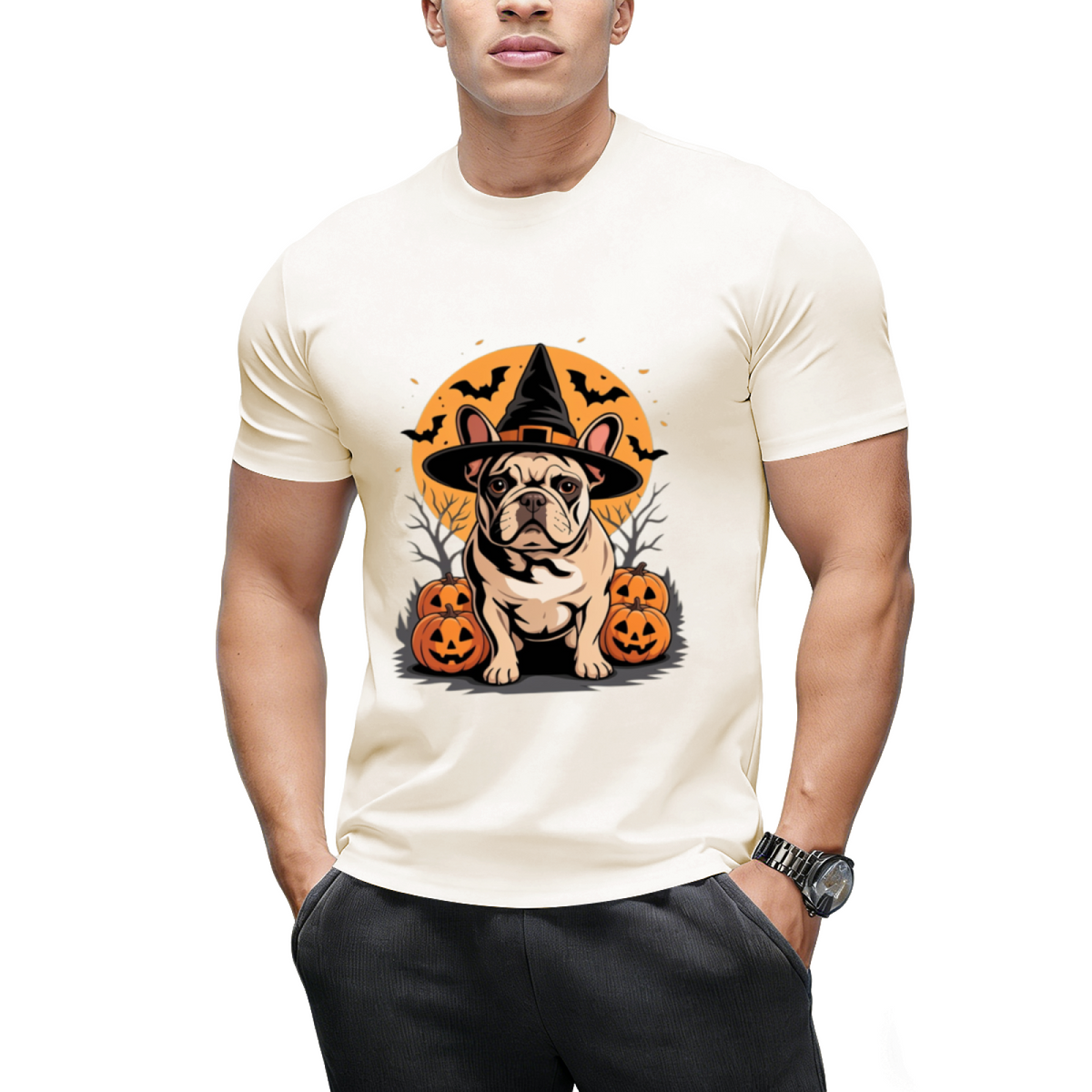 French Bulldog Frenchie Dog Whitch Hat Halloween Pumpkin T-Shirt