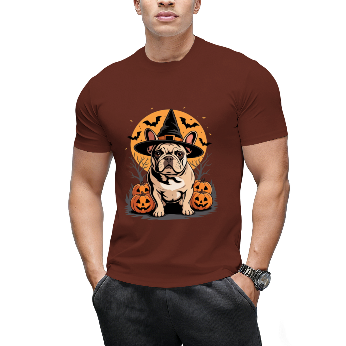 French Bulldog Frenchie Dog Whitch Hat Halloween Pumpkin T-Shirt