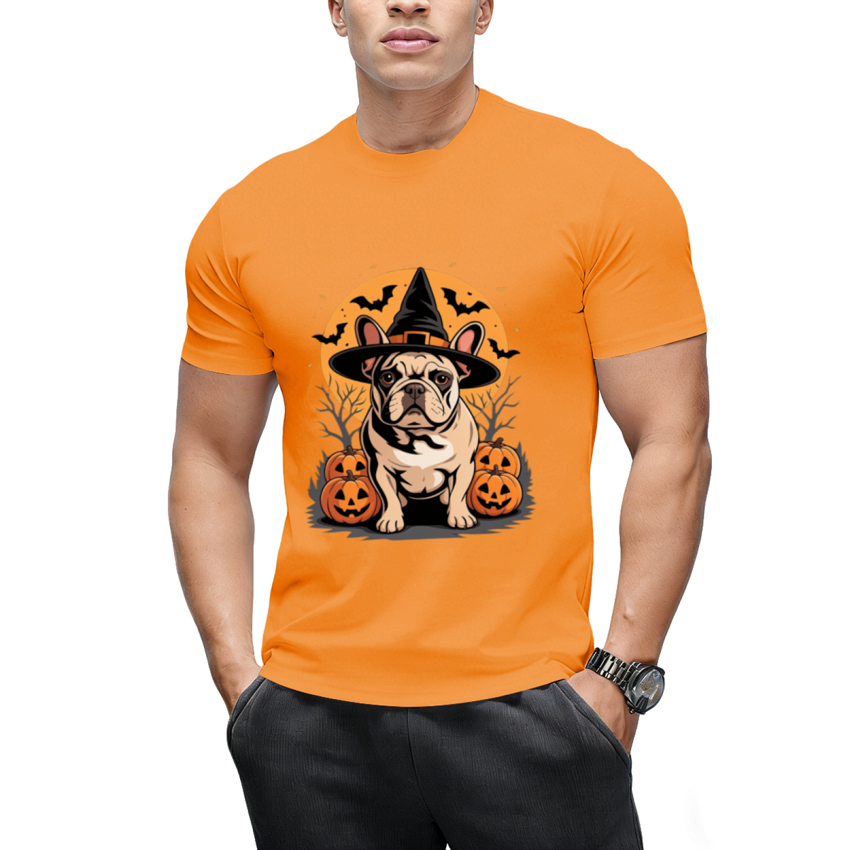 French Bulldog Frenchie Dog Whitch Hat Halloween Pumpkin T-Shirt